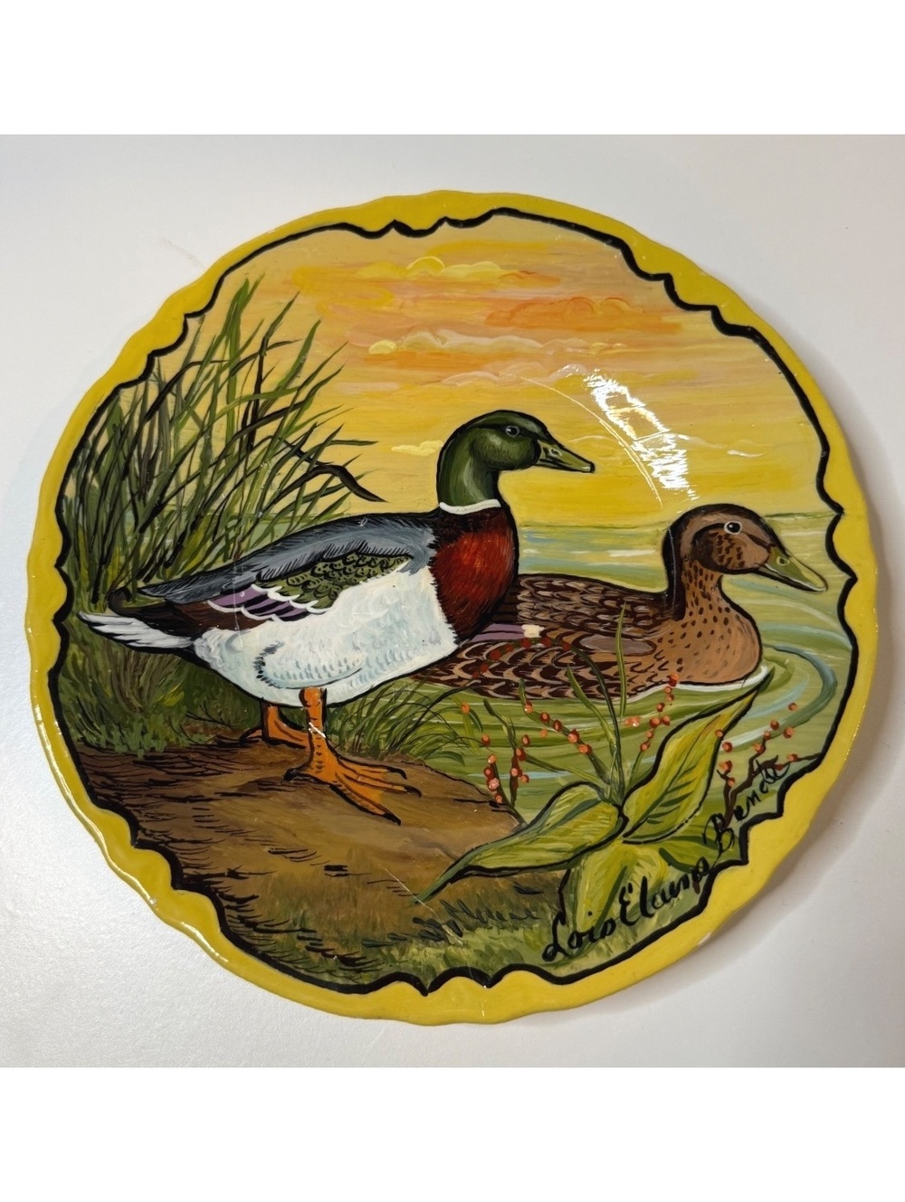 Vintage Hand Painted Mallard Duck Ceramic Plate Signed Lois Elaine Benda 9”